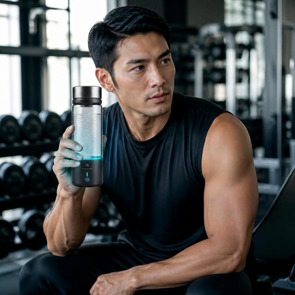 Man at the gym holding the midnight black HydrogenIQ H2 cup