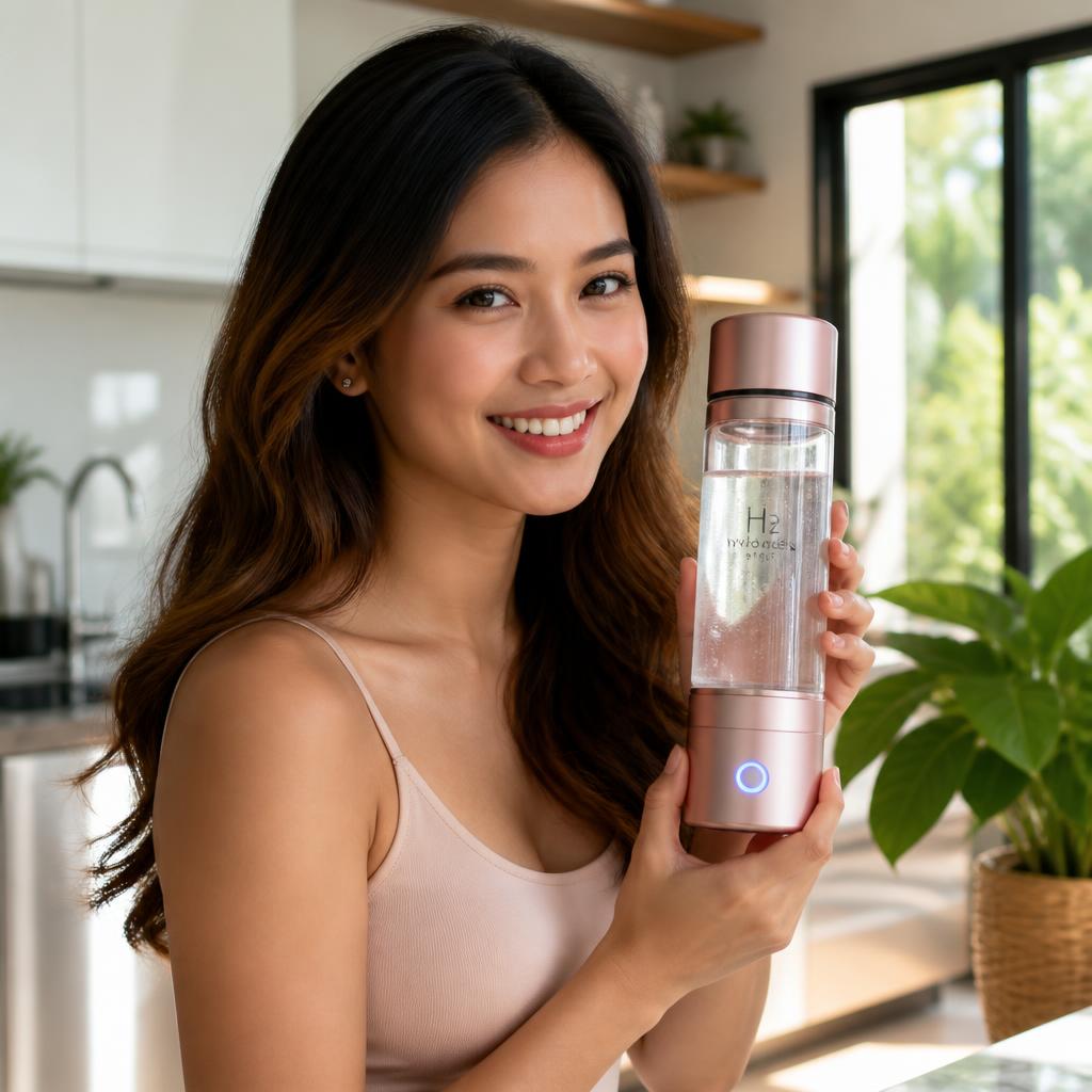 Woman in a sunlit kitchen holding the champagne rose gold HydrogenIQ H2 cup